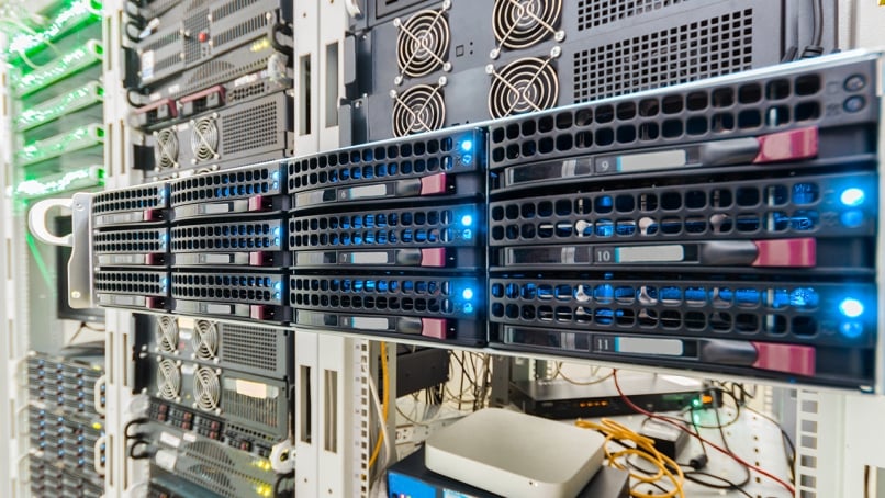 Rows of network servers installed in a data center rack.