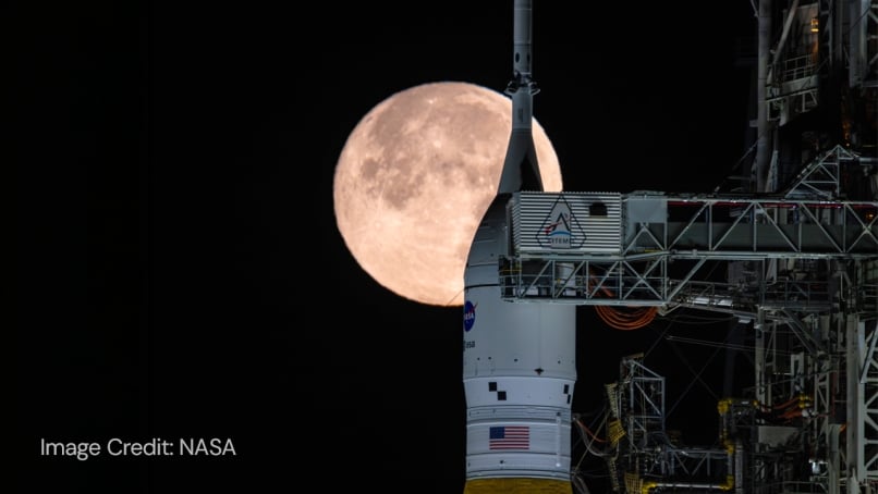 NASA's Artemis II at the pad on a full snow moon night.