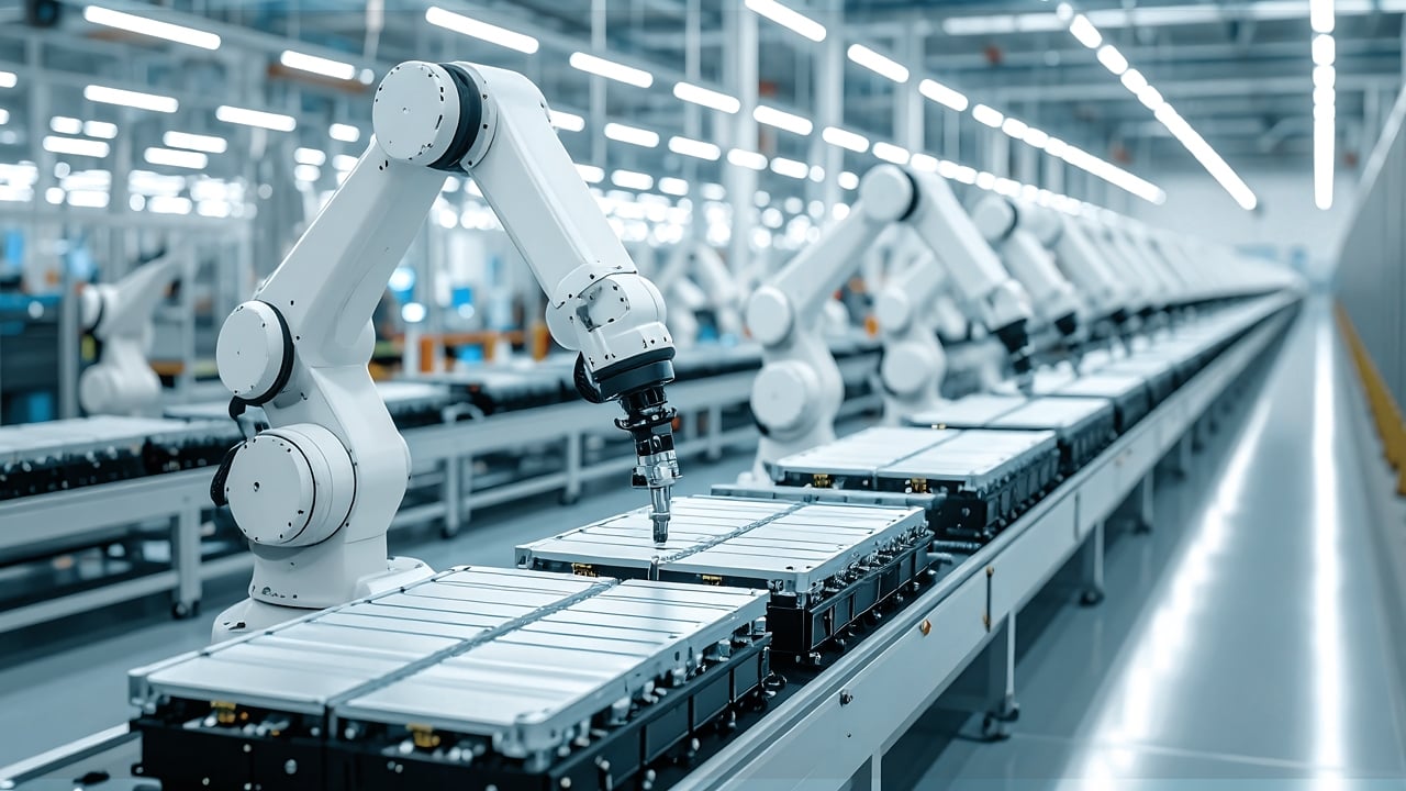 White Industrial Robotic Arms A modern factory floor with a row of white robotic arms working on a conveyor belt.