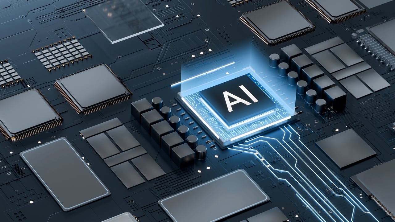 AI chip on Motherboard illustration featuring artificial intelligence chip on high-tech motherboard depicting digital transformation and innovation concepts.