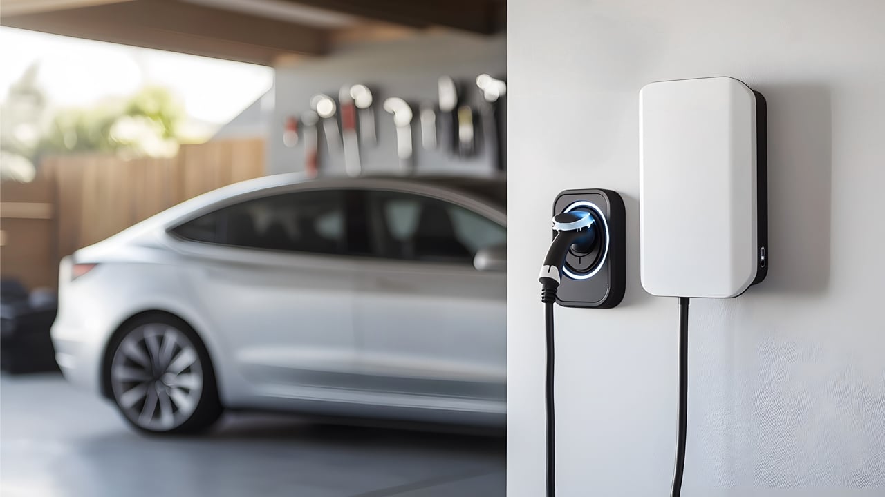 Wall installed EV Charger and Car EV charger installed on garage wall and electric car in the background