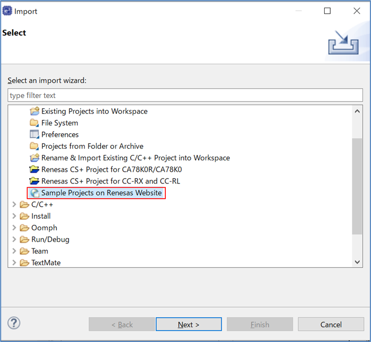 Go to "General" > "Sample Projects on Renesas Web Site" > "Next>".