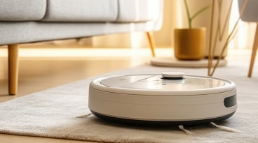 Robot Vacuum Cleaner A robot vacuum cleaner working on a carpet in a new living room