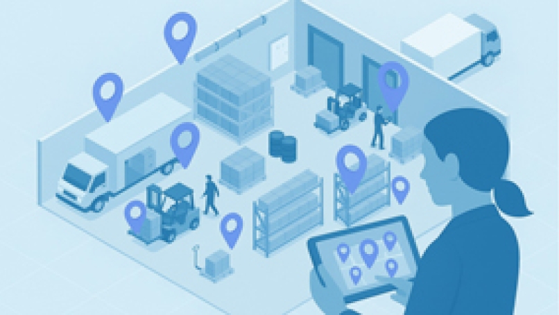 This main blog image shows multiple assets and people being tracked in a warehouse.