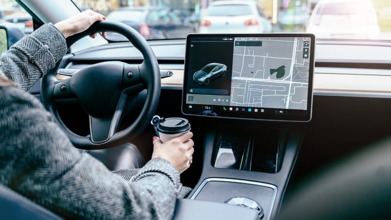 Rear inside view of person driving an electric car.