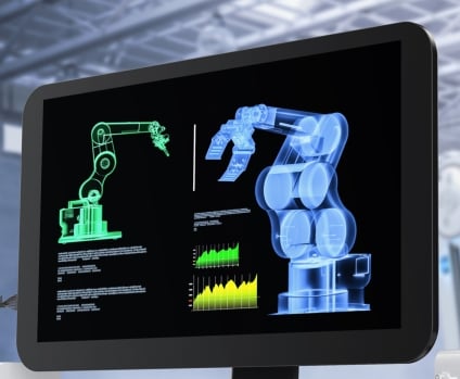 Automation factory with control panel screen and robotic arms