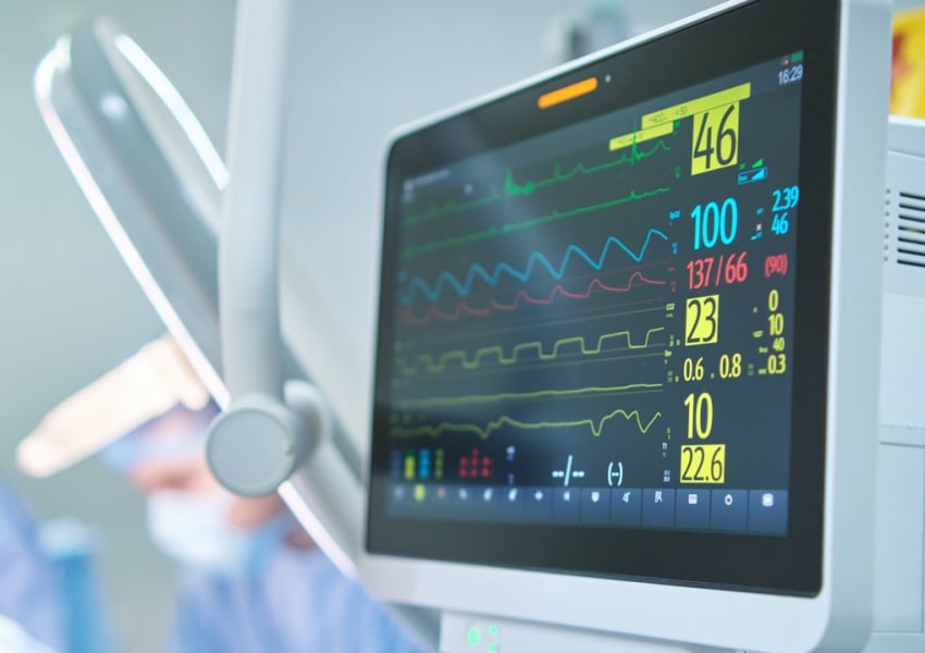 Heart rate and patient control monitor in hospital theater room during surgery operation.