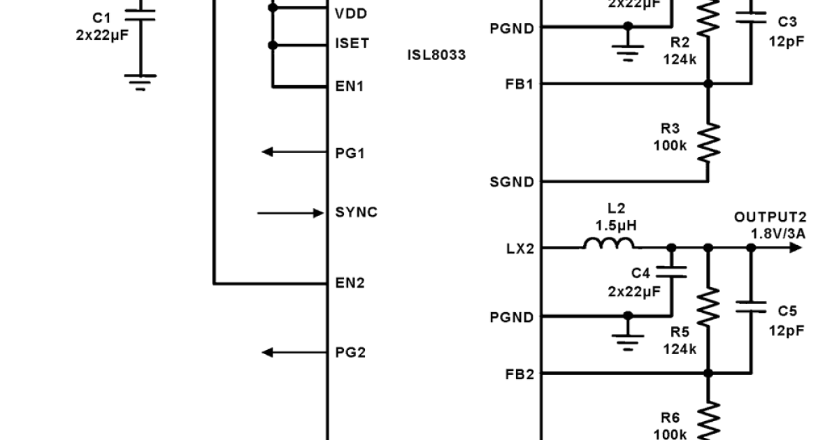 ISL8033A - 3Aデュアル出力、低自己消費電流、高効率同期整流型降圧