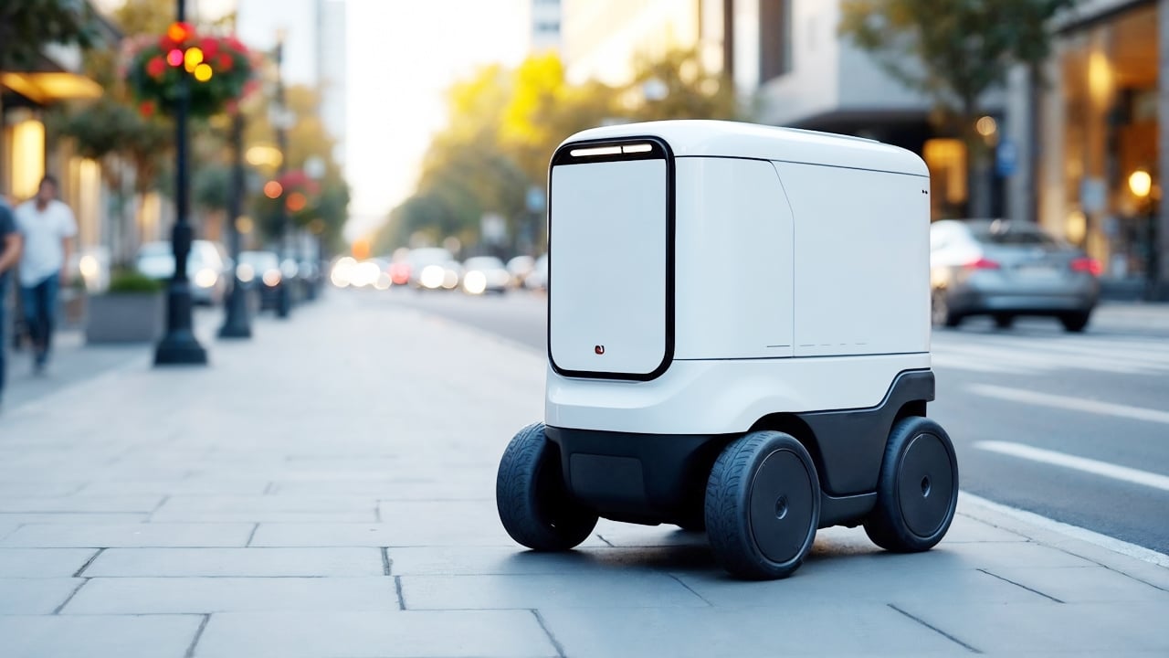 Autonomous Delivery Robot An autonomous delivery robot navigates a city street