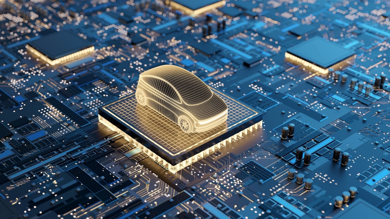 Autonomous Driving System Integration Car illustration on semiconductor chip showcasing AI technology and system integration in autonomous driving.