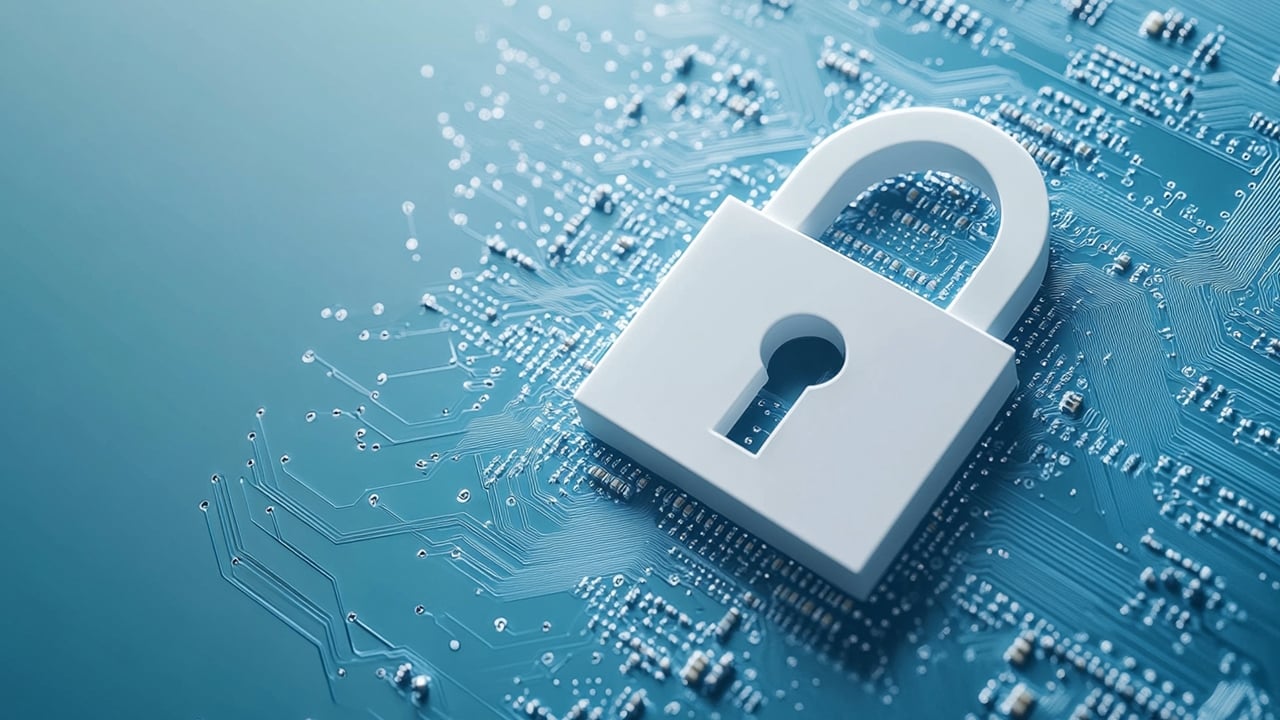 Padlock on light blue circuitry background signifying connected security