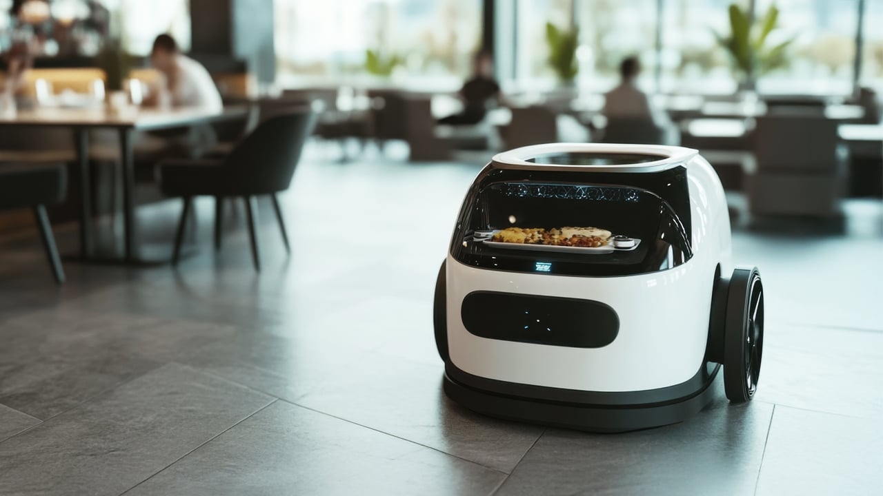 Mobile robot delivering food in a restaurant.